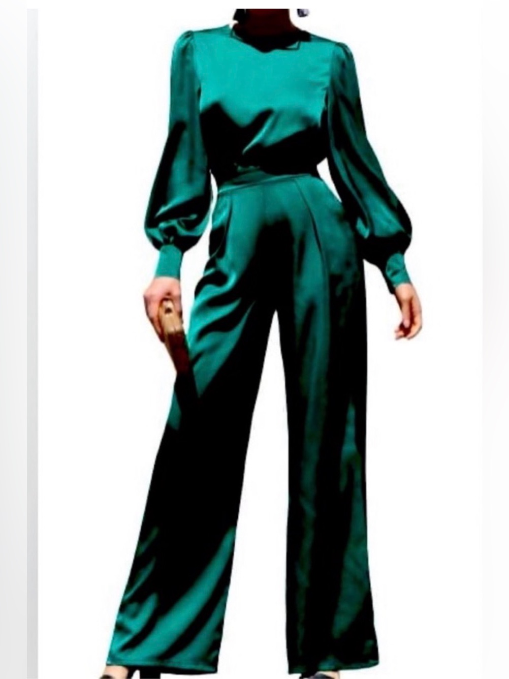 Dress Day Green Long Sleeve Satin Jumpsuit Size Medium